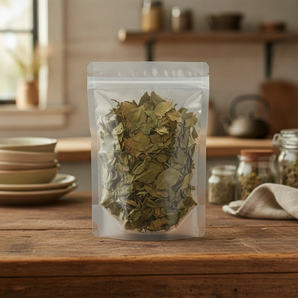 Dragon's Tongue Leaf Whole (Sauropus Spatulifolius) | The herb/berry/powder/fruit/root/bark that is in the black bowl, i would like it to shown in a plastic stand up resalable pouch that is clear.