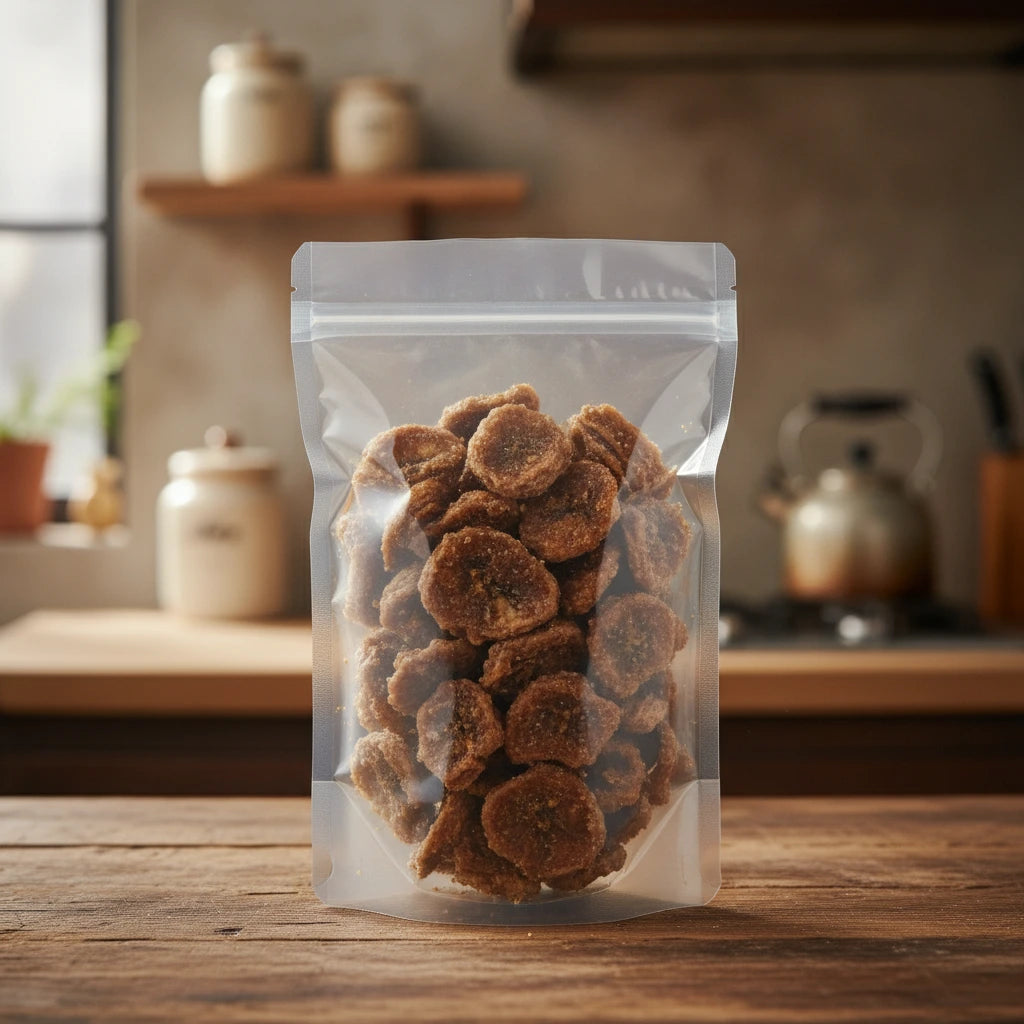 Dried Banana Slices Whole (Musa Paradisiaca) | The herb/berry/powder/fruit that is in the black bowl, i would like it to shown in a plastic stand up resalable bag that is clear.