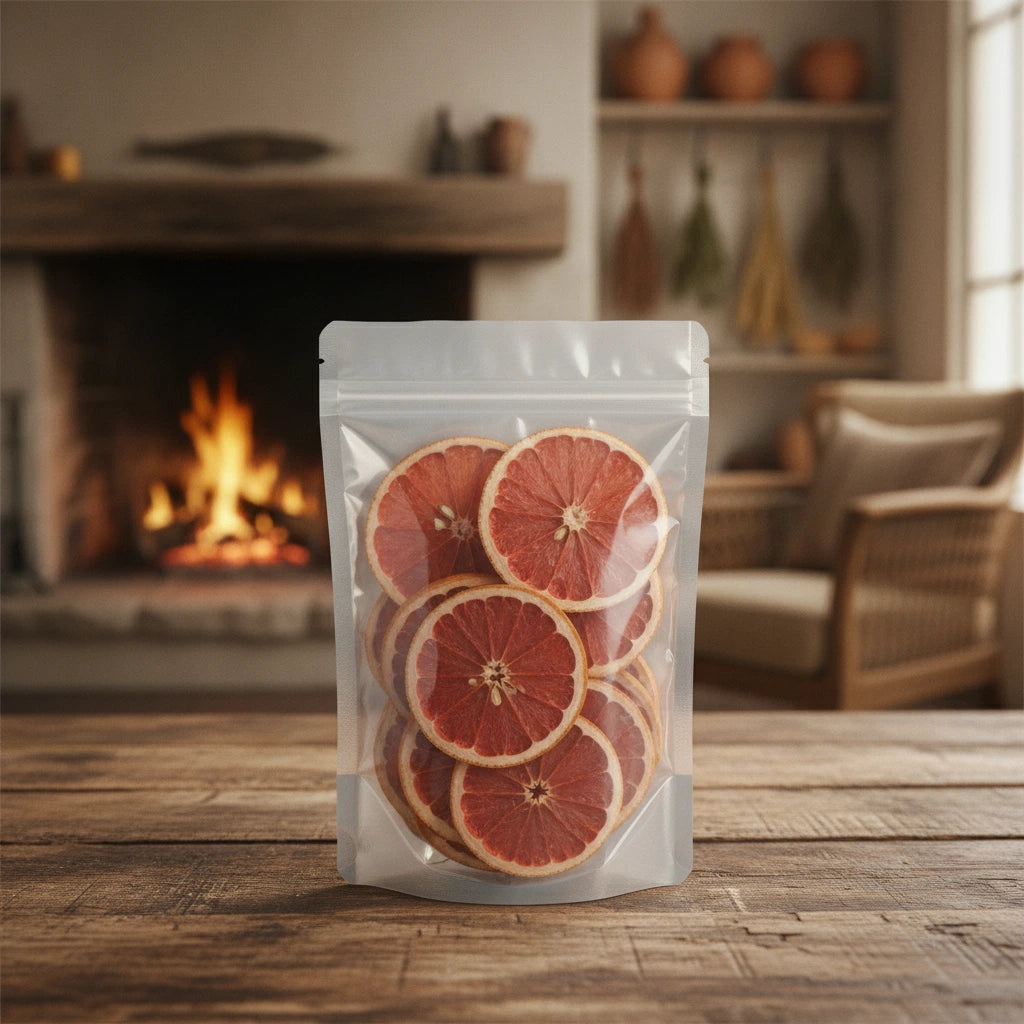 Dried Grapefruit Slices Whole (Citrus Paradisi) | The herb/berry/powder/fruit that is in the black bowl, i would like it to shown in a plastic stand up resalable bag that is clear.