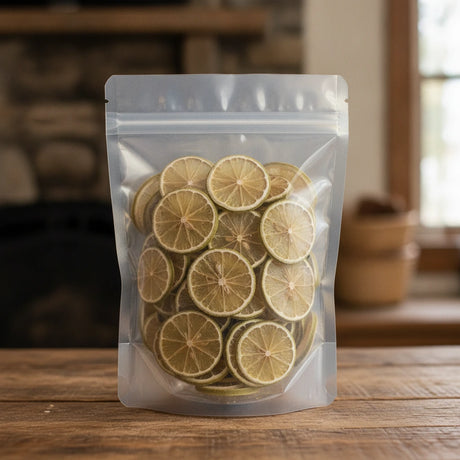Dried Lime Slices Whole (Citrus Latifolia) | The herb/berry/powder/fruit that is in the black bowl, i would like it to shown in a plastic stand up resalable bag that is clear.