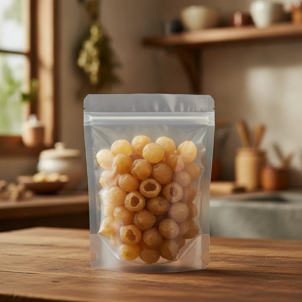 Dried Longan Fruit Whole (Dimocarpus Longan) | The herb/berry/powder/fruit/root/bark that is in the black bowl, i would like it to shown in a plastic stand up resalable pouch that is clear.