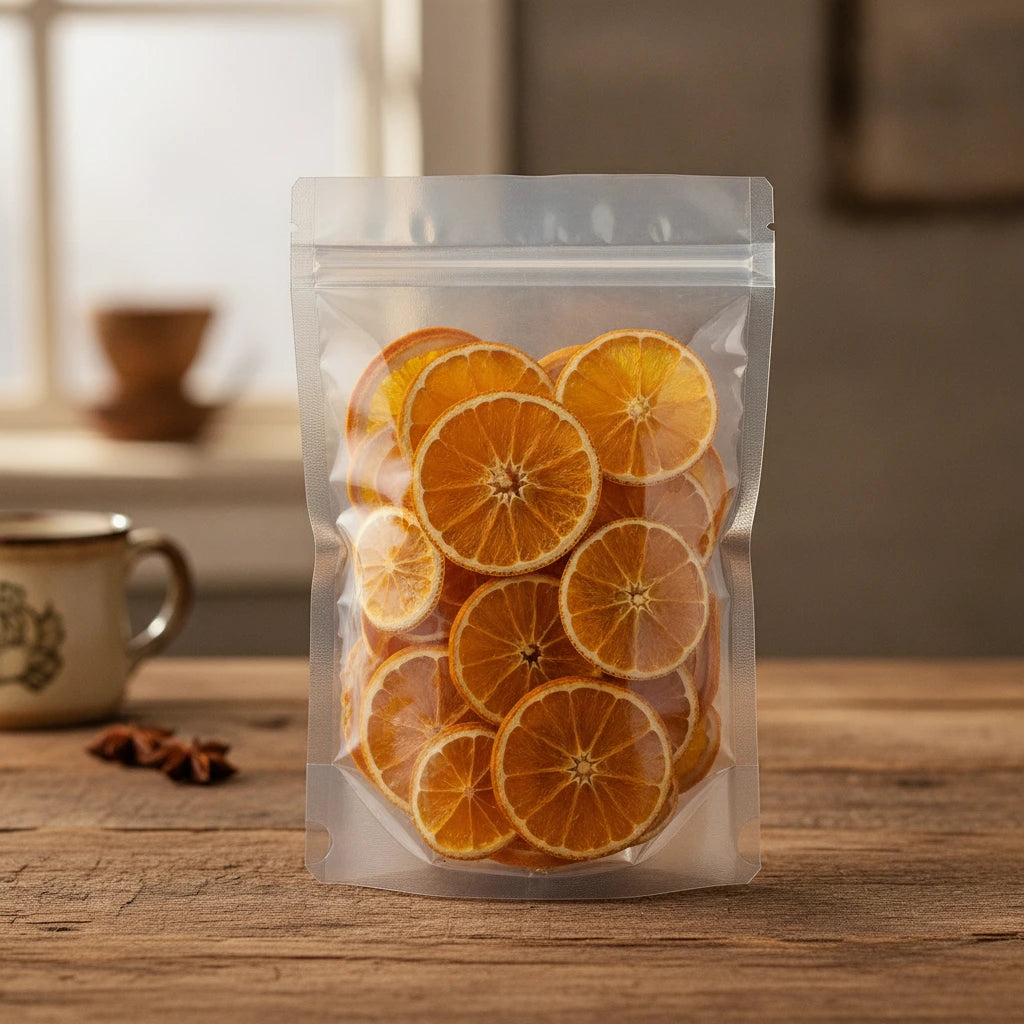 Dried Tangerine Slices Whole (Citrus Reticulata) | The herb/berry/powder/fruit that is in the black bowl, i would like it to shown in a plastic stand up resalable bag that is clear.