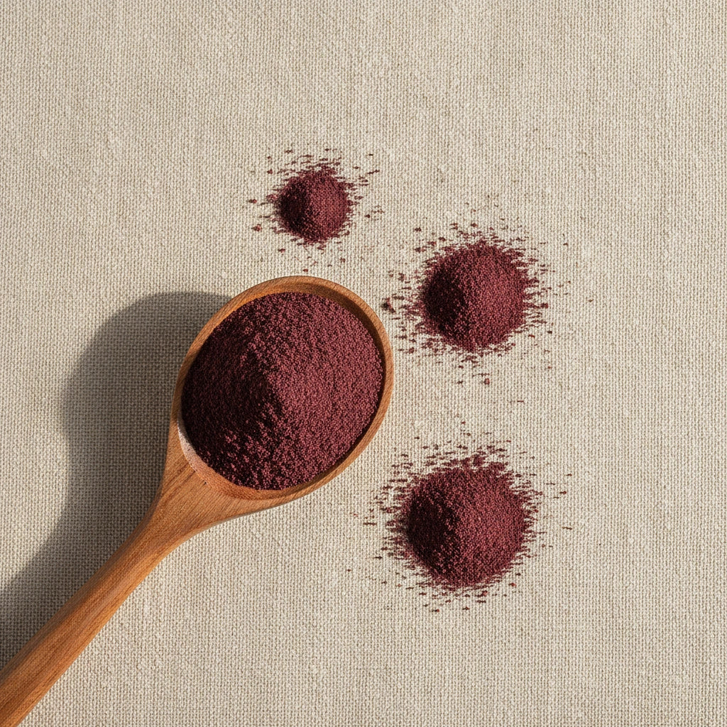 Dulse Powder (Palmaria Palmata) | Create a luxurious, photorealistic product photograph featuring the original product naturally arranged in an elegant handcrafted wooden spoon on a soft, finely