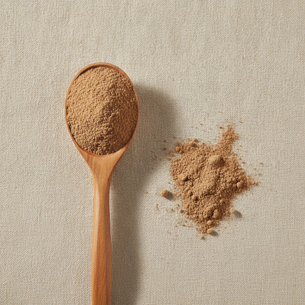 Echinacea Purpurea Root Powder (Echinacea Purpurea) | Create a luxurious, photorealistic product photograph featuring the original product naturally arranged in an elegant handcrafted wooden spoon on a soft, finely