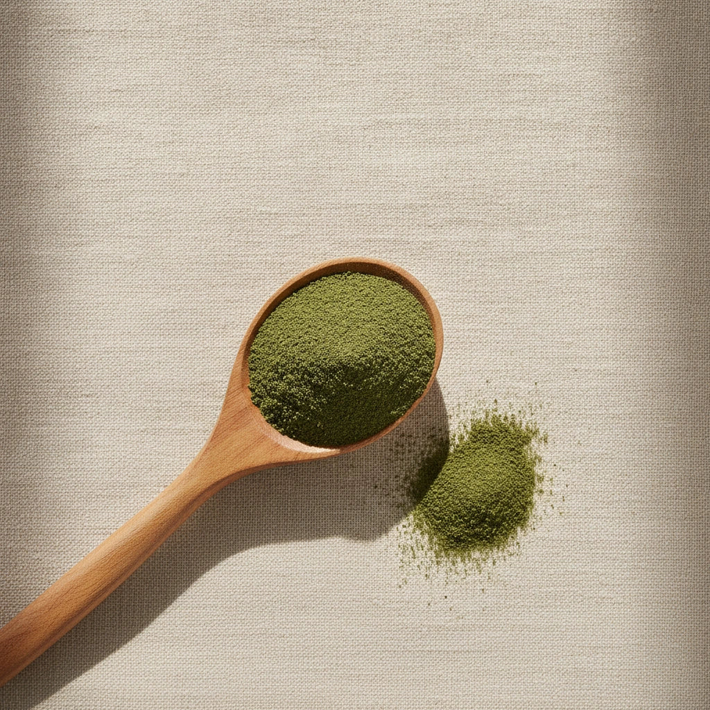 Echinacea Purpurea Tops Powder (Echinacea Purpurea) | Create a luxurious, photorealistic product photograph featuring the original product naturally arranged in an elegant handcrafted wooden spoon on a soft, finely