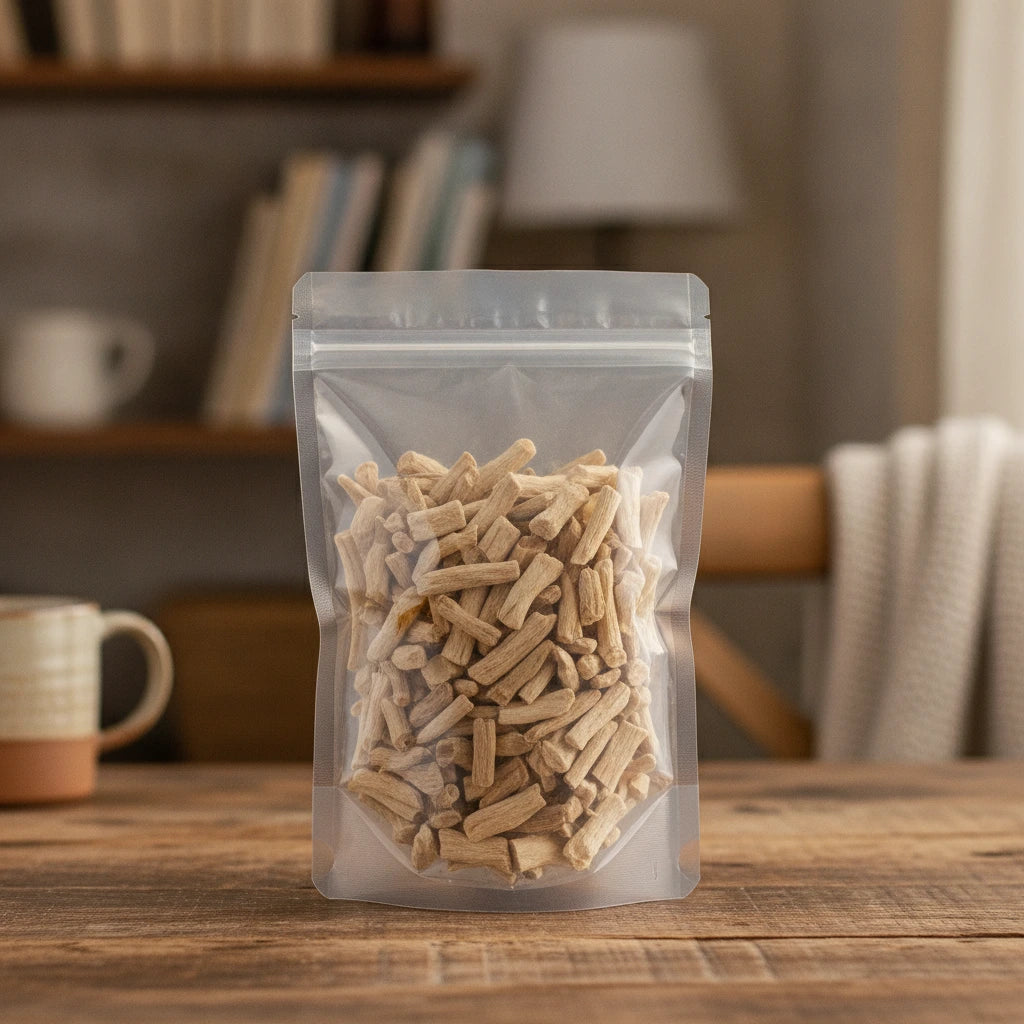 Eleuthero Root Bark Pieces (Eleutherococcus Gracilistylus) | The herb/berry/powder/fruit/root/bark that is in the black bowl, i would like it to shown in a plastic stand up resalable pouch that is clear.