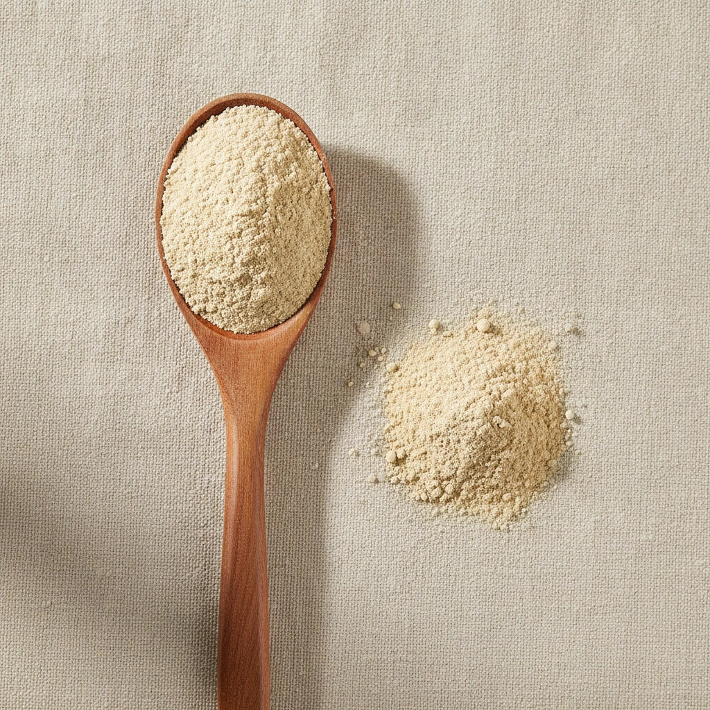 Eleuthero Root Powder (Eleutherocccus Senticosus) | Create a luxurious, photorealistic product photograph featuring the original product naturally arranged in an elegant handcrafted wooden spoon on a soft, finely