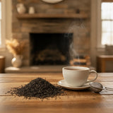 English Breakfast Black Tea Blend (Camellia Sinensis) | Can you show this tea outside of the bag and bowl, on a table next to a hot tea cup in a rustic home.
