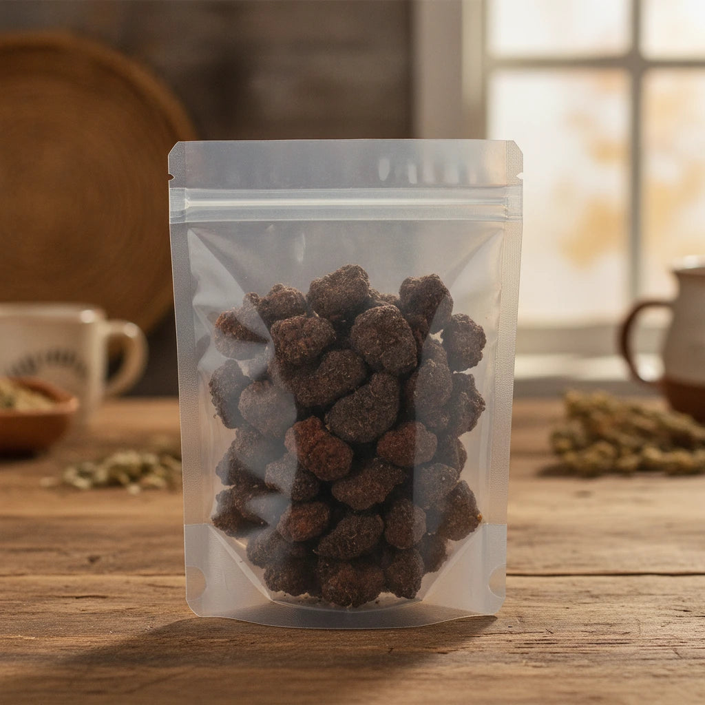 Ethiopian Myrrh Resin Pieces (Commiphora Myrrha) | The herb/berry/powder/fruit/root/bark that is in the black bowl, i would like it to shown in a plastic stand up resalable pouch that is clear.