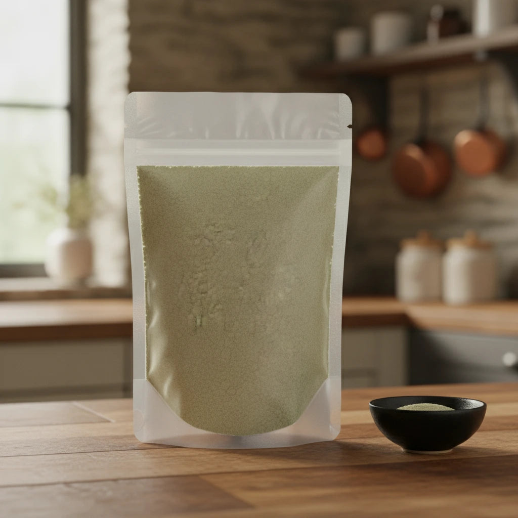 Eyebright Herb Powder (Euphrasia Officinalis) | The herb/berry/powder/fruit/root/bark that is in the black bowl, i would like it to shown in a plastic stand up resalable pouch that is clear.