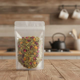 Feeling Good Flower Herbal Tea | The herb/powder/tea that is in the black bowl, i would like it to shown in a plastic stand up resalable bag that is clear.