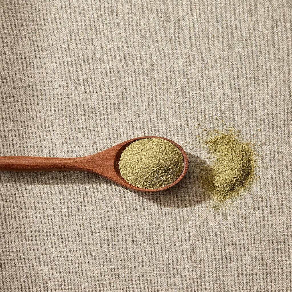 Fennel Seed Powder (Foeniculum Vulgare) | Create a luxurious, photorealistic product photograph featuring the original product naturally arranged in an elegant handcrafted wooden spoon on a soft, finely