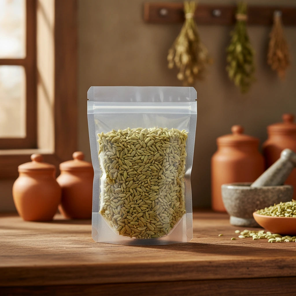 Fennel Seed Whole (Foeniculum Vulgare) | The herb/berry/powder/fruit/root/bark/seeds that is in the black bowl, i would like it to shown in a plastic stand up resalable pouch that is clear.