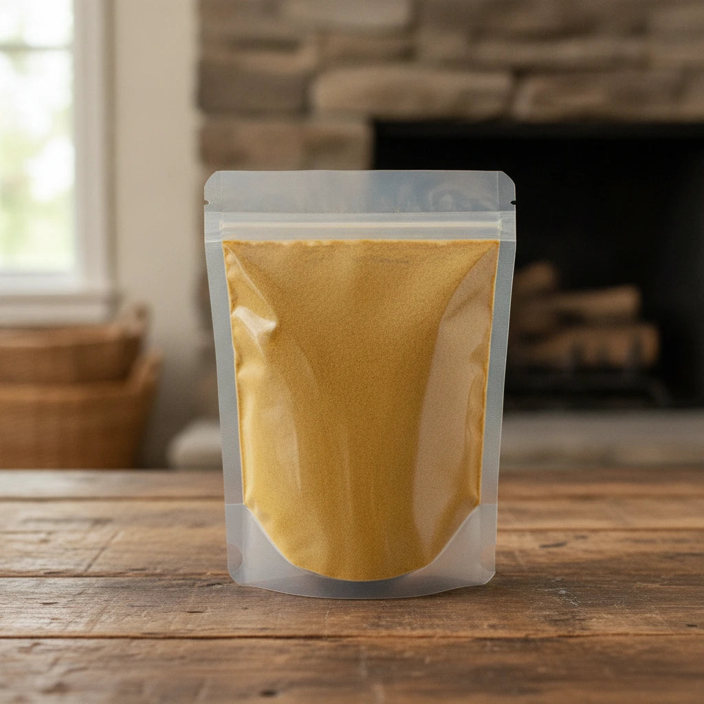 Fenugreek Seed Powder (Trigonella Foenum Graecum) | The herb/berry/powder/fruit/root/bark that is in the black bowl, i would like it to shown in a plastic stand up resalable pouch that is clear.