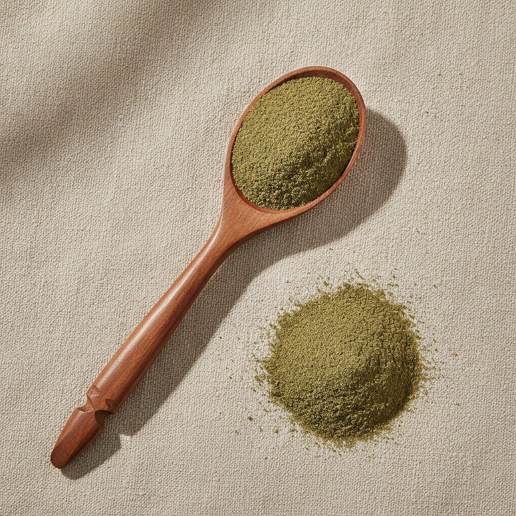 Feverfew Herb Powder (Tanacetum Parthenium) | Create a luxurious, photorealistic product photograph featuring the original product naturally arranged in an elegant handcrafted wooden spoon on a soft, finely