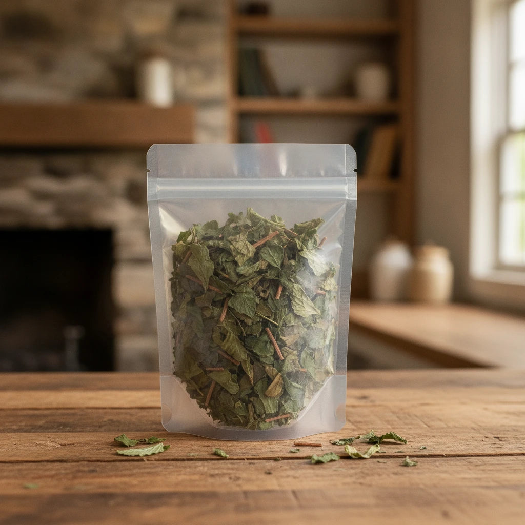 Fishwort Herb Whole (Houttuynia Cordata) | The herb/berry/powder/fruit/root/bark that is in the black bowl, i would like it to shown in a plastic stand up resalable pouch that is clear.
