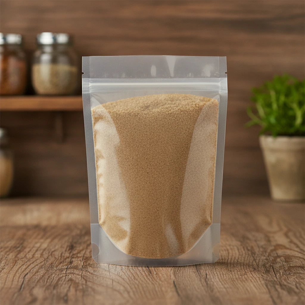 Flax Seed Meal (Linum Usitatissimum) | The herb/berry/powder/fruit/root/bark that is in the black bowl, i would like it to shown in a plastic stand up resalable pouch that is clear.