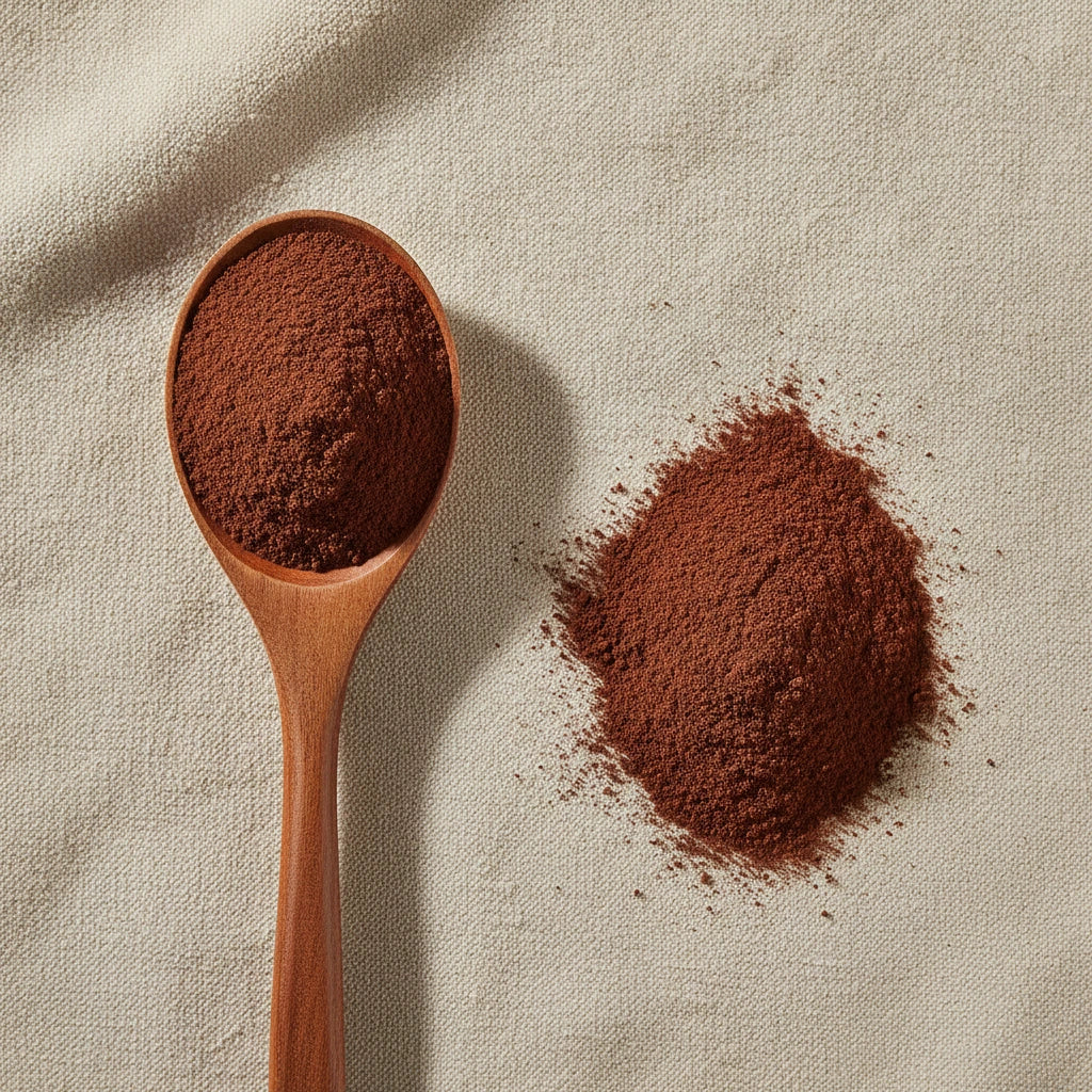 Fo-Ti / He-Shou-Wu Powder (Polygonum Multiflorum) | Create a luxurious, photorealistic product photograph featuring the original product naturally arranged in an elegant handcrafted wooden spoon on a soft, finely
