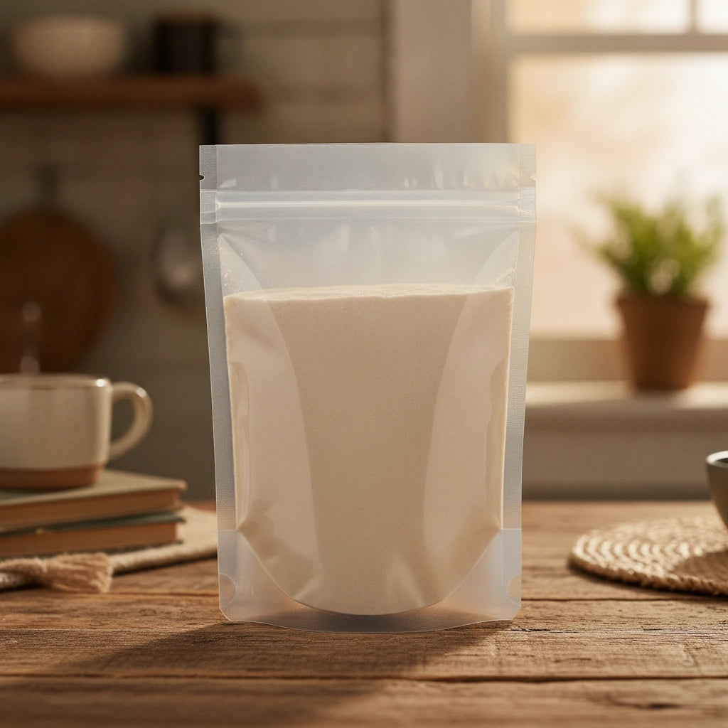Fritillaria Thunbergii Bulb Powder (Fritillaria Thunbergii Miq.) | The herb/berry/powder/fruit/root/bark that is in the black bowl, i would like it to shown in a plastic stand up resalable pouch that is clear.