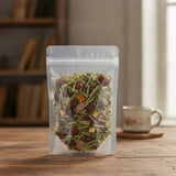 Fruit Blend Herbal Tea | The herb/powder/tea that is in the black bowl, i would like it to shown in a plastic stand up resalable bag that is clear.