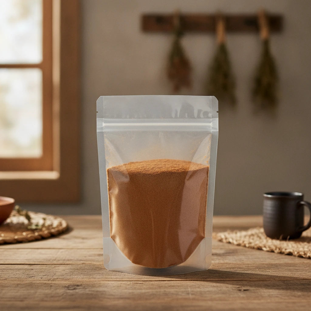 Galangal Root Powder (Alpinia Species) | The herb/berry/powder/fruit/root/bark that is in the black bowl, i would like it to shown in a plastic stand up resalable pouch that is clear.