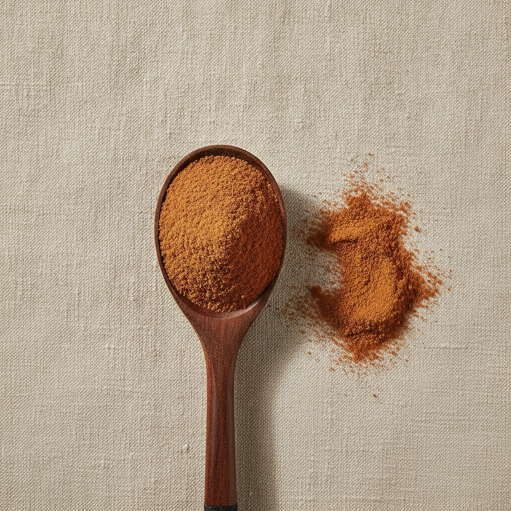Galangal Root Powder (Alpinia Species) | Create a luxurious, photorealistic product photograph featuring the original product naturally arranged in an elegant handcrafted wooden spoon on a soft, finely