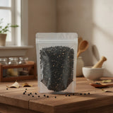 Garlic Chive Seeds Whole (Allium Tuberosum) | The herb/berry/powder/fruit/root/bark/seeds that is in the black bowl, i would like it to shown in a plastic stand up resalable pouch that is clear.