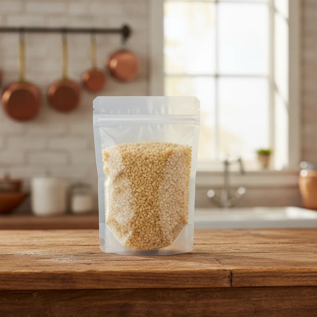 Garlic Minced (Allium Sativum) | The herb/berry/powder/fruit/root/bark that is in the black bowl, i would like it to shown in a plastic stand up resalable pouch that is clear.