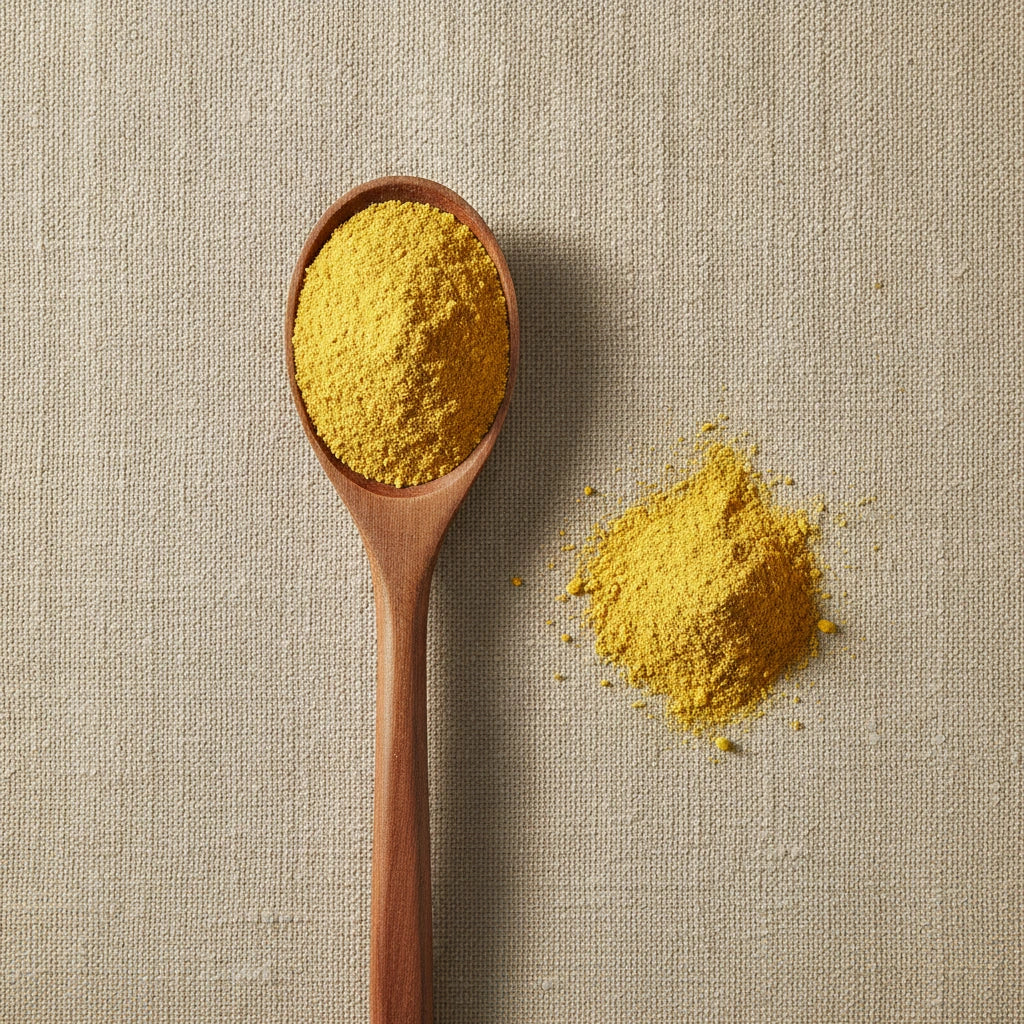 Gentian Root Powder (Gentiana Lutea) | Create a luxurious, photorealistic product photograph featuring the original product naturally arranged in an elegant handcrafted wooden spoon on a soft, finely