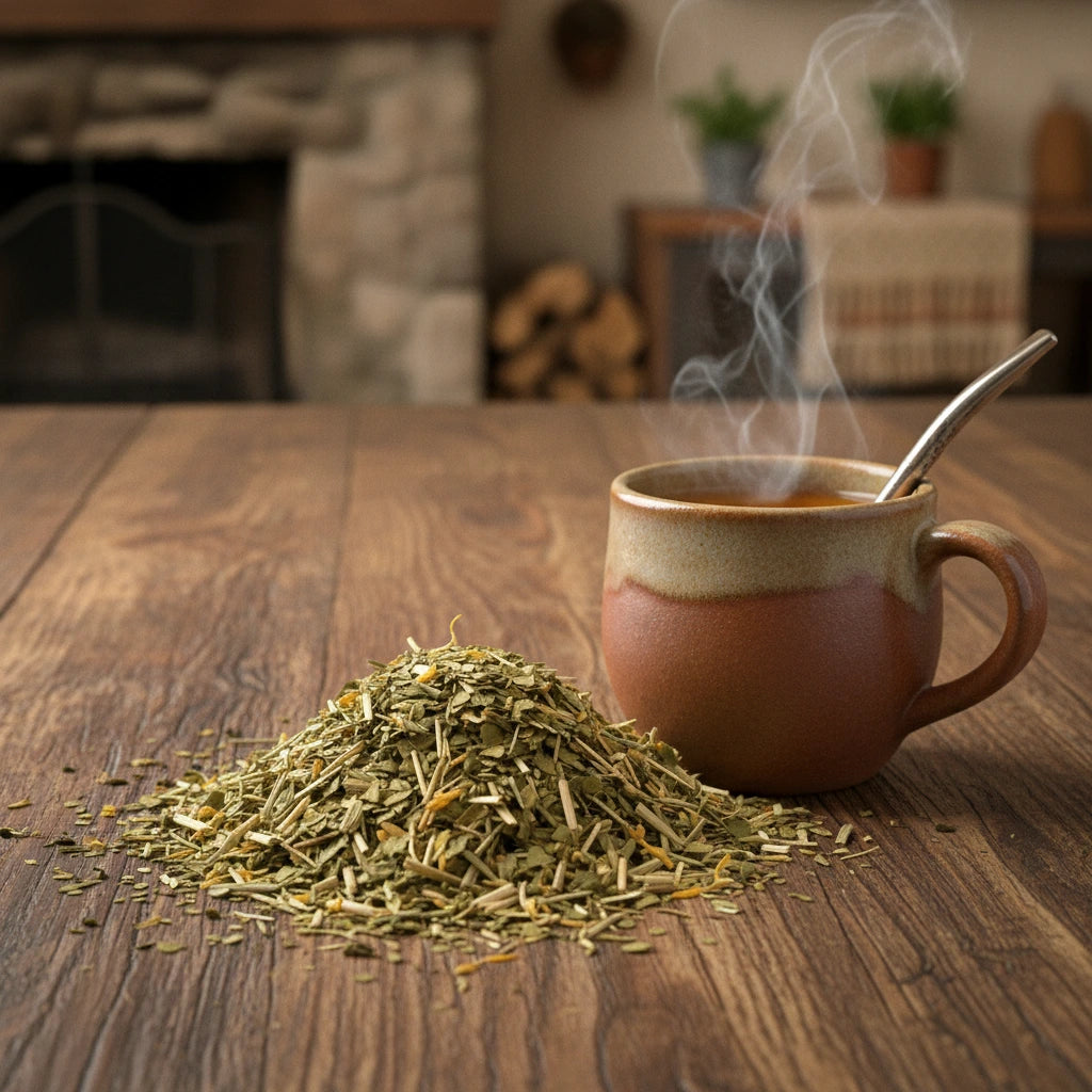 Get Smart Herbal Tea | Can you show this tea outside of the bag and bowl, on a table next to a hot tea cup in a rustic home.