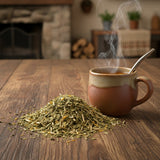 Get Smart Herbal Tea | Can you show this tea outside of the bag and bowl, on a table next to a hot tea cup in a rustic home.