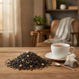Ginger Peach Black Tea (Camellia Sinensis) | Can you show this tea outside of the bag and bowl, on a table next to a hot tea cup in a rustic home.