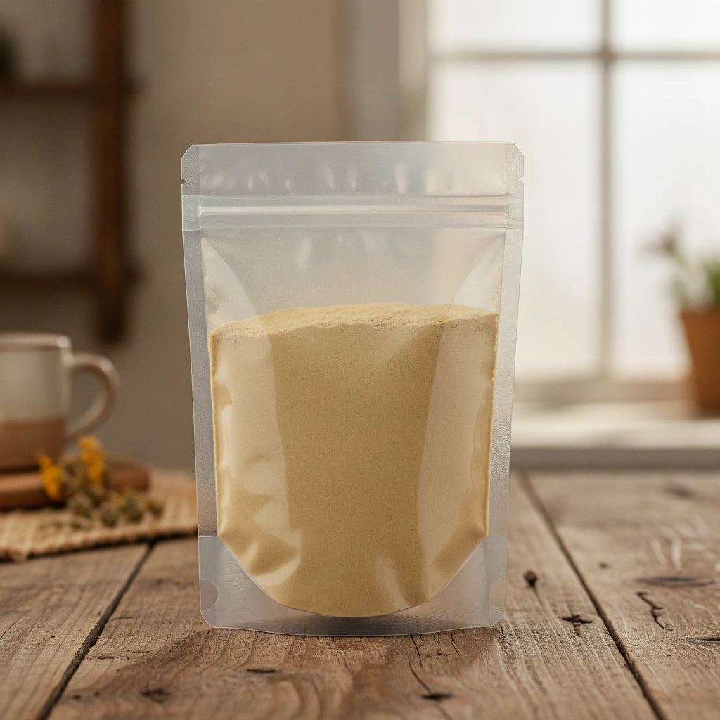 Ginger Root Powder (Zingiber Officinale) | The herb/berry/powder/fruit/root/bark that is in the black bowl, i would like it to shown in a plastic stand up resalable pouch that is clear.