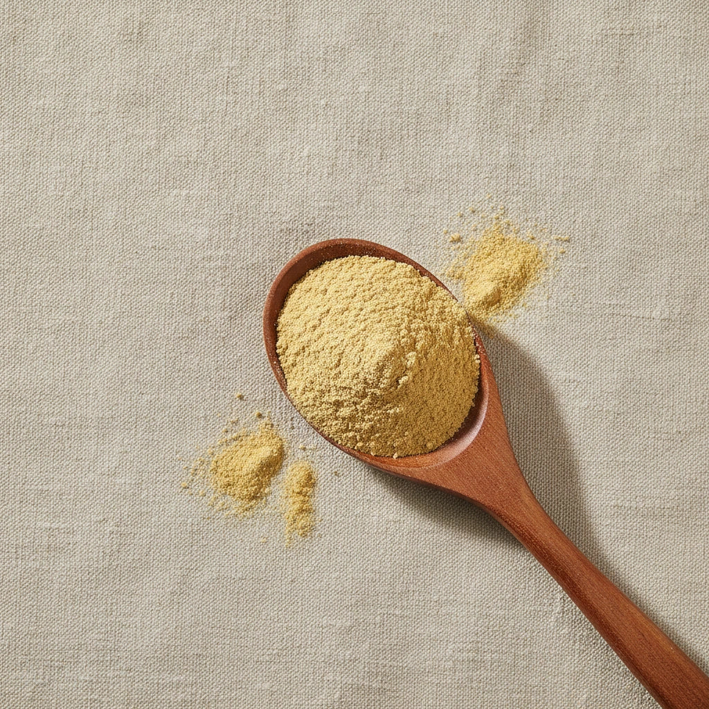 Ginger Root Powder (Zingiber Officinale) | Create a luxurious, photorealistic product photograph featuring the original product naturally arranged in an elegant handcrafted wooden spoon on a soft, finely
