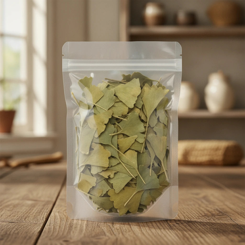 Ginkgo Leaves Whole (Ginkgo Biloba) | The herb/berry/powder/fruit/root/bark that is in the black bowl, i would like it to shown in a plastic stand up resalable pouch that is clear.