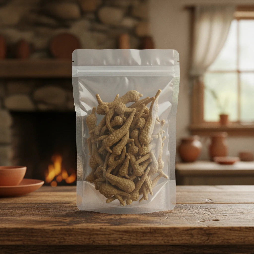 Ginseng Root Whole (Panax Quinquefolium, USA) | The herb/berry/powder/fruit/root/bark that is in the black bowl, i would like it to shown in a plastic stand up resalable pouch that is clear.