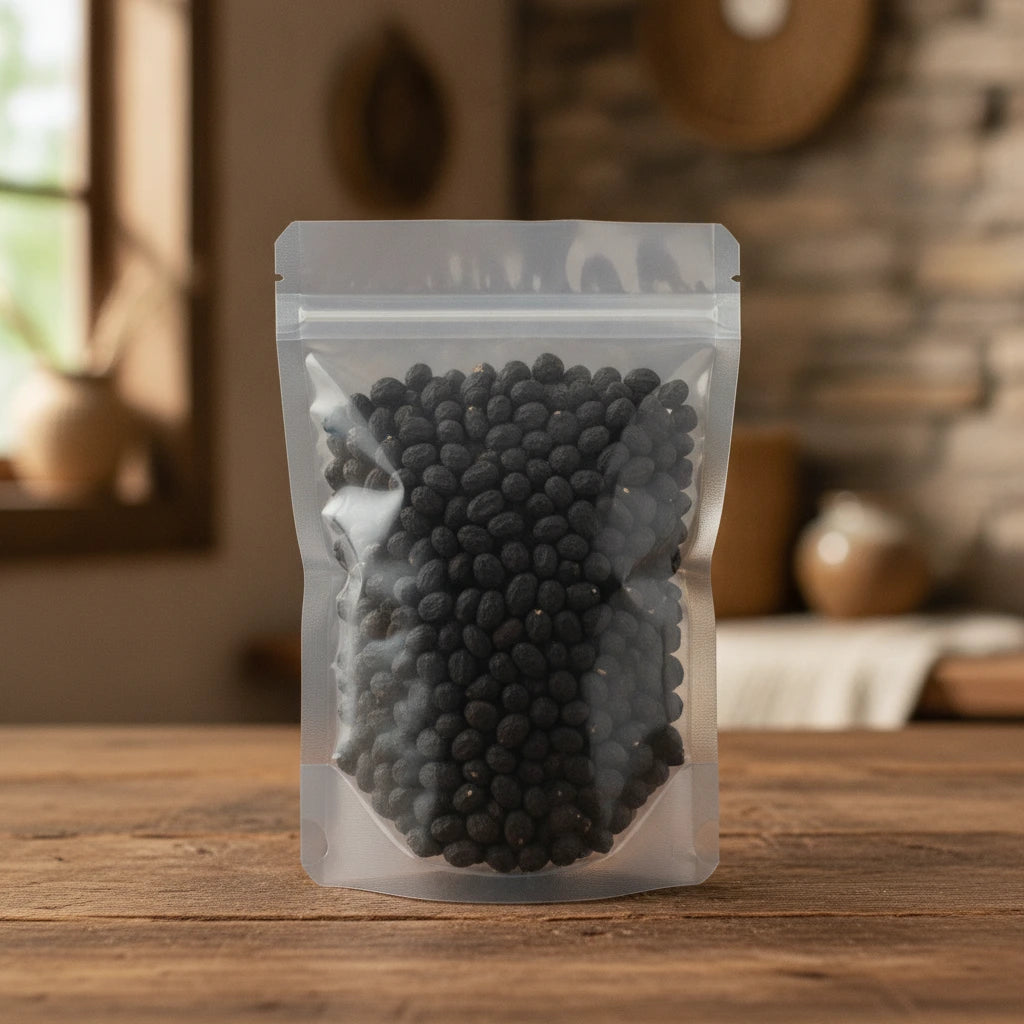 Glossy Privet Fruit Whole (Ligustrum Lucidum) | The herb/berry/powder/fruit/root/bark that is in the black bowl, i would like it to shown in a plastic stand up resalable pouch that is clear.