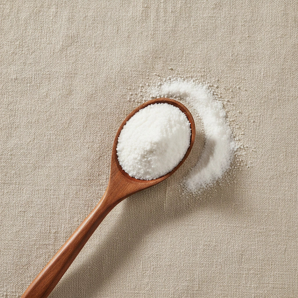 Glucosamine Sulfate Powder (Glucosamine Sulfate/Potassium) | Create a luxurious, photorealistic product photograph featuring the original product naturally arranged in an elegant handcrafted wooden spoon on a soft, finely