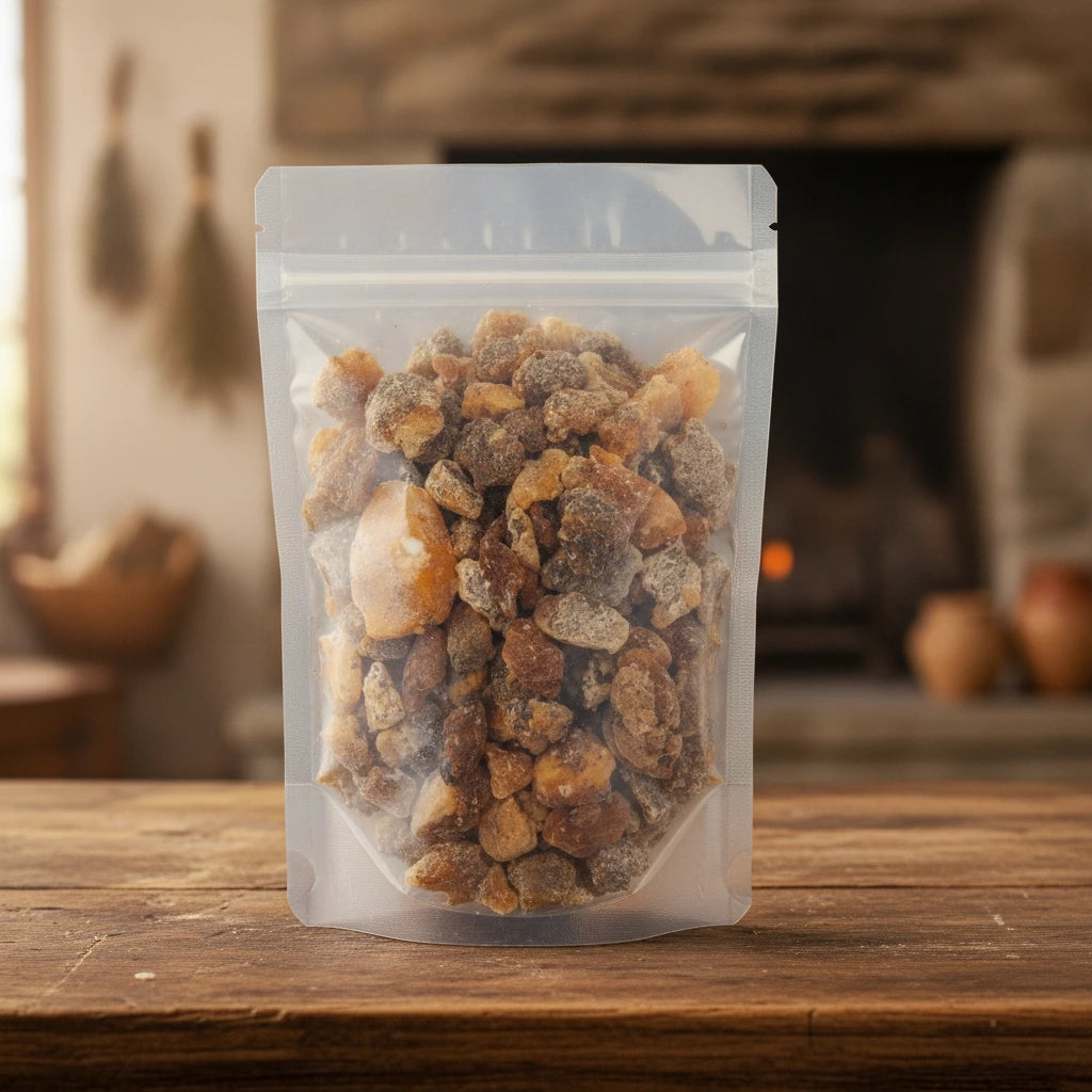 Golden Benzoin Resin Pieces (Styrax Tonkinensis) | The herb/berry/powder/fruit/root/bark that is in the black bowl, i would like it to shown in a plastic stand up resalable pouch that is clear.
