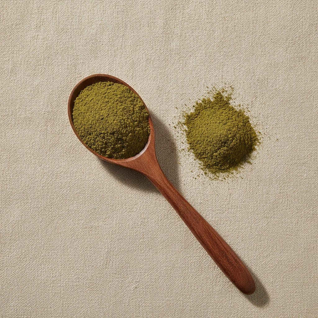 Goldenseal Herb Powder (Hydrastis Canadensis) | Create a luxurious, photorealistic product photograph featuring the original product naturally arranged in an elegant handcrafted wooden spoon on a soft, finely