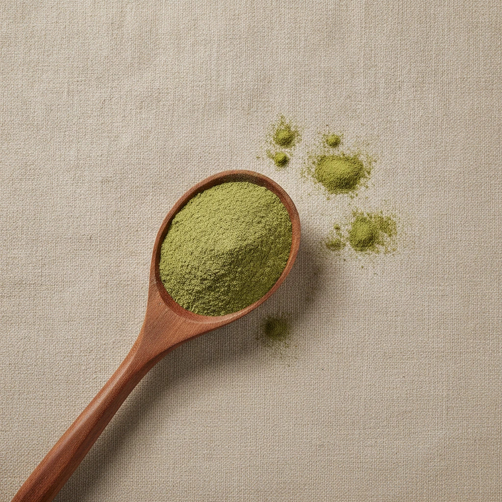 Gotu Kola Powder (Centella Asiatica) | Create a luxurious, photorealistic product photograph featuring the original product naturally arranged in an elegant handcrafted wooden spoon on a soft, finely
