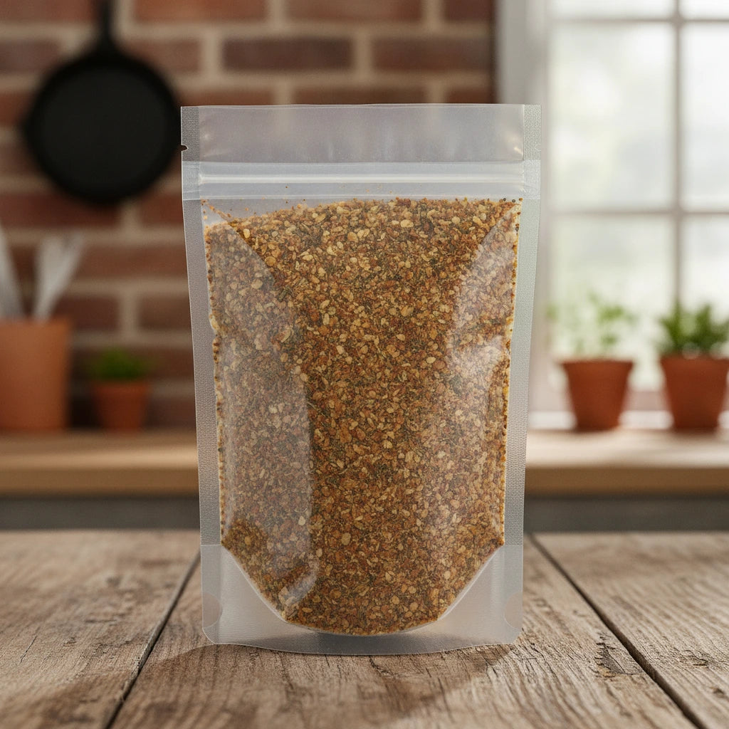 Greek Spice Blend | The herb/berry/powder/fruit/root/bark that is in the black bowl, i would like it to shown in a plastic stand up resalable pouch that is clear.