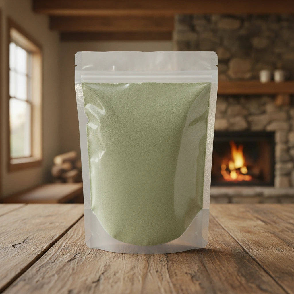 Green Clay Powder (Montmorillonite) | The herb/berry/powder/fruit/root/bark that is in the black bowl, i would like it to shown in a plastic stand up resalable pouch that is clear.