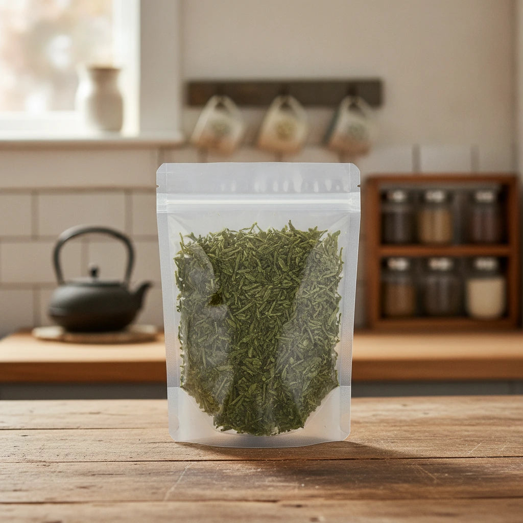 Green Tea Cut (Camillia Sinensis) | The herb/powder/tea that is in the black bowl, i would like it to shown in a plastic stand up resalable bag that is clear.