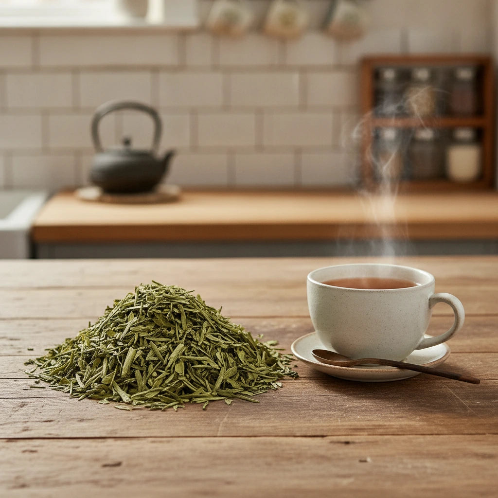 Green Tea Cut (Camillia Sinensis) | Can you show this tea outside of the bag and bowl, on a table next to a hot tea cup in a rustic home.