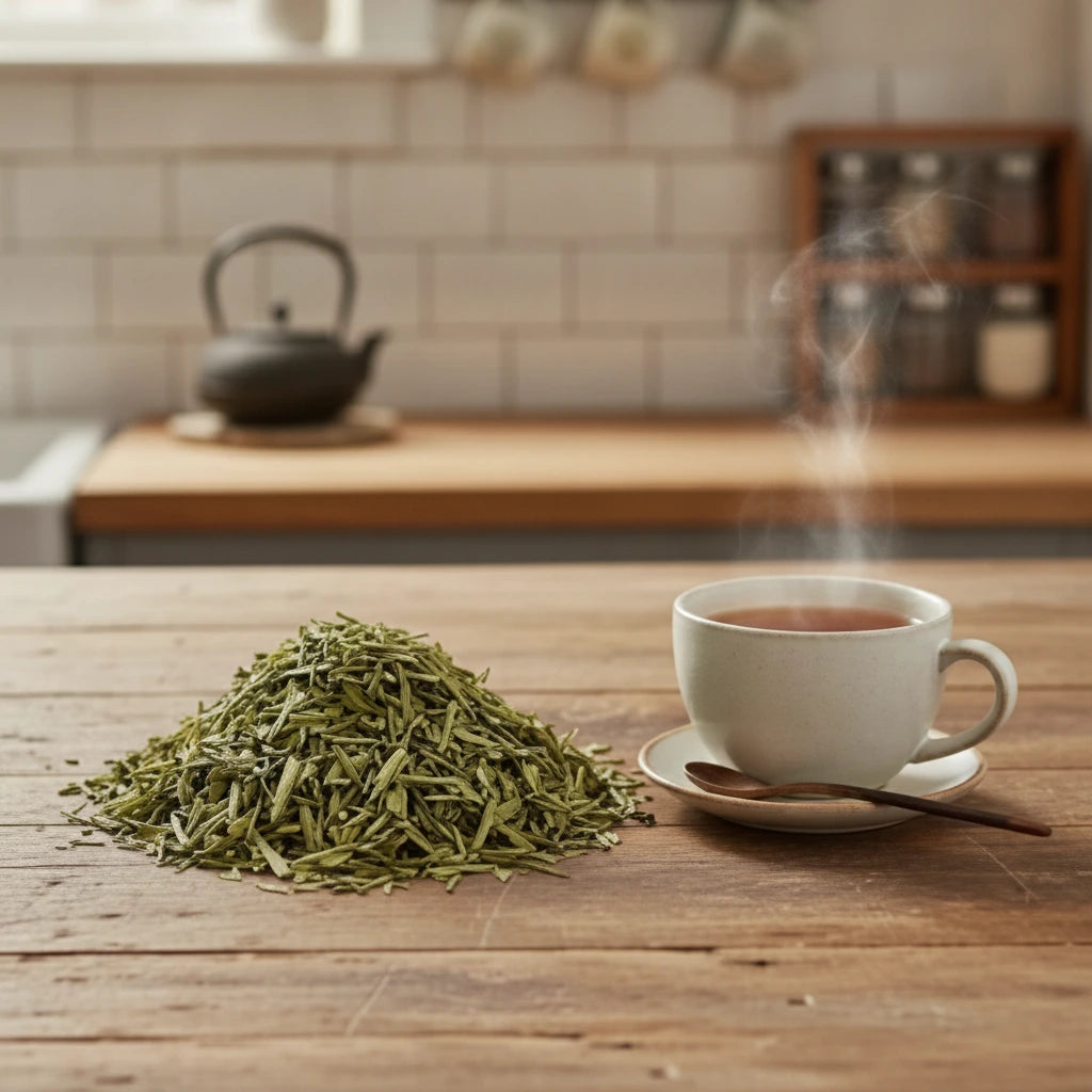 Green Tea Cut (Camillia Sinensis) | Can you show this tea outside of the bag and bowl, on a table next to a hot tea cup in a rustic home.