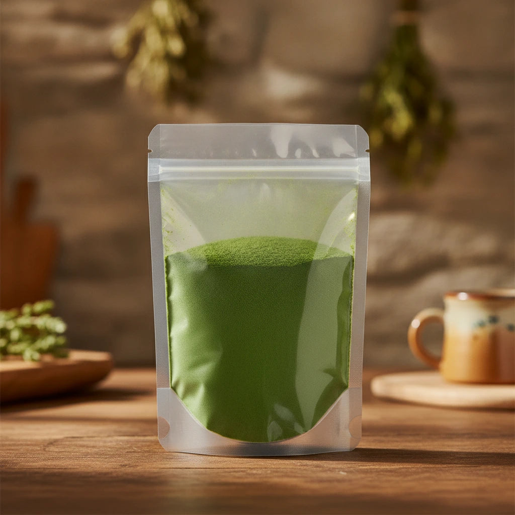 Green Tea Powder (Camillia Sinensis) | The herb/berry/powder/fruit/root/bark that is in the black bowl, i would like it to shown in a plastic stand up resalable pouch that is clear.