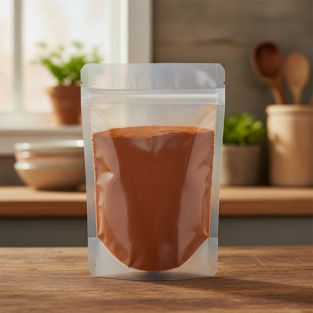 Guajillo Chili Powder (Capsicum Annuum) | The herb/berry/powder/fruit/root/bark that is in the black bowl, i would like it to shown in a plastic stand up resalable pouch that is clear.
