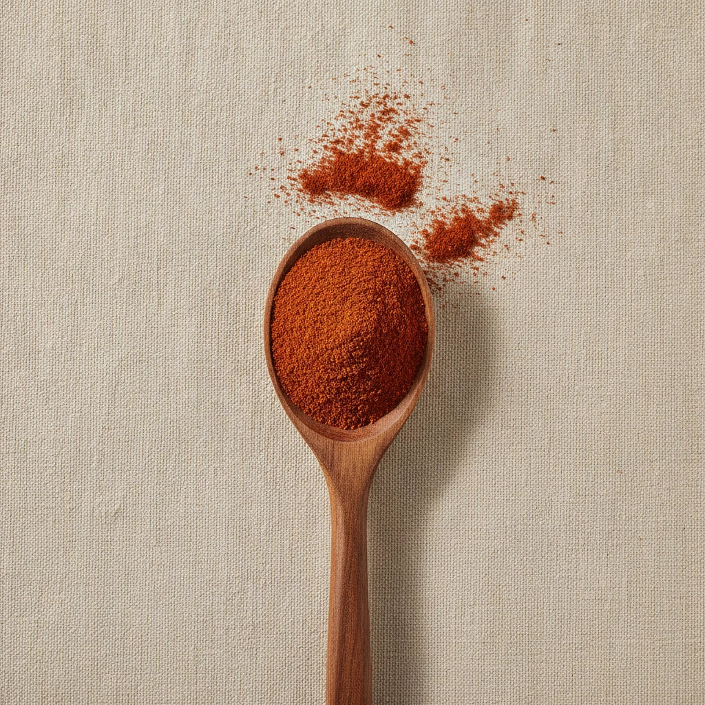 Guajillo Chili Powder (Capsicum Annuum) | Create a luxurious, photorealistic product photograph featuring the original product naturally arranged in an elegant handcrafted wooden spoon on a soft, finely