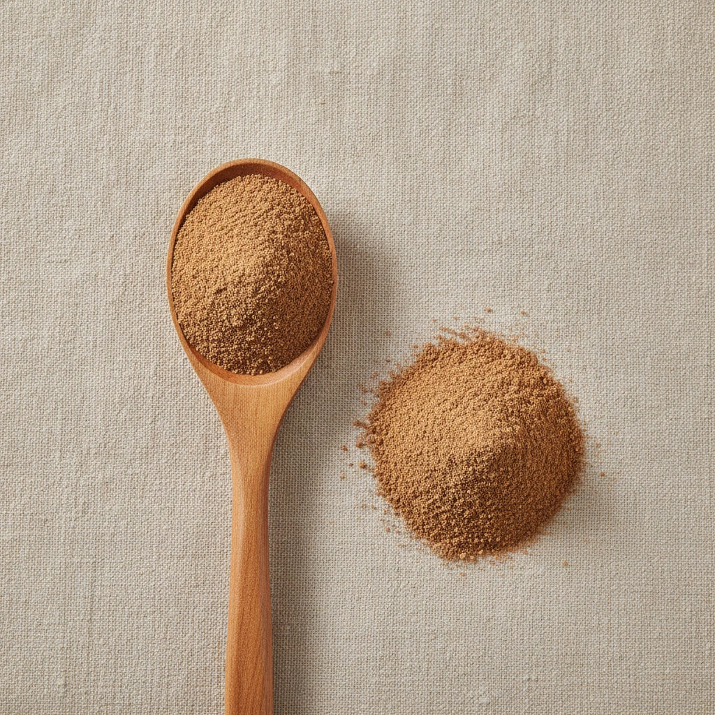 Guarana Seed Powder (Paullinia Cupana) | Create a luxurious, photorealistic product photograph featuring the original product naturally arranged in an elegant handcrafted wooden spoon on a soft, finely